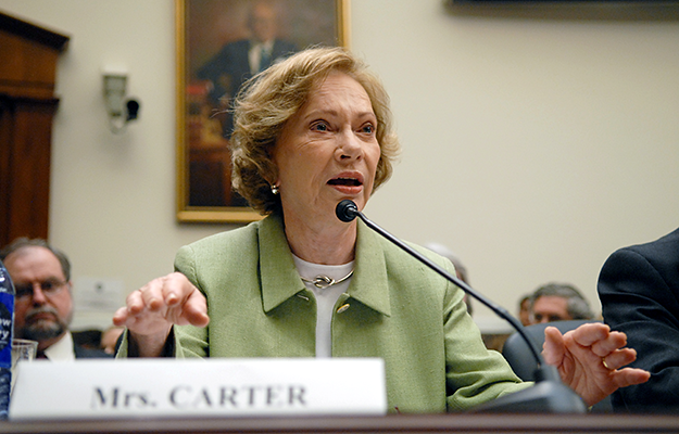 On July 10, 2007, Rosalynn Carter testified before a U.S. House of Representatives subcommittee in favor of the Wellstone Domenici Mental Health Parity and Addiction Equity Act, calling for mental illnesses to be covered by insurance on par with physical illnesses. (Photo: Amy Mullarkey/Capitol Decisions)